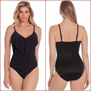 MAGICSUIT By Miracle Suit Black 1 Pc Swimsuit Ruffle Front Tummy Control Size 8